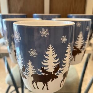 Snowy Moose Ceramic Mugs- Blue and white with brown moose. Set of 6